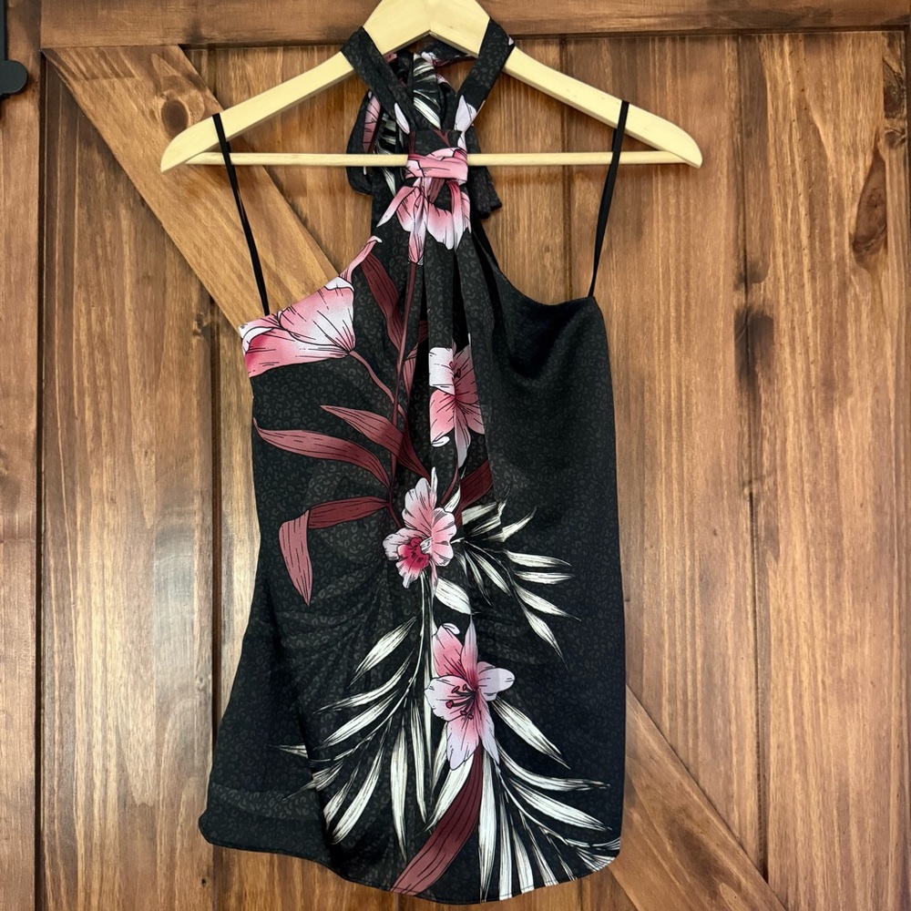 NWT White House Black Market Floral Halter Neck Black and Pink Women's Top 4